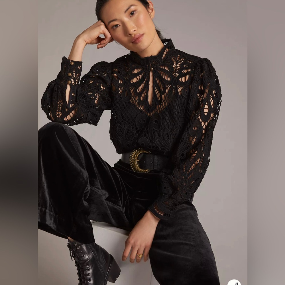 Anthropologie embroidered lace blouse - size XS - black - UPDATED